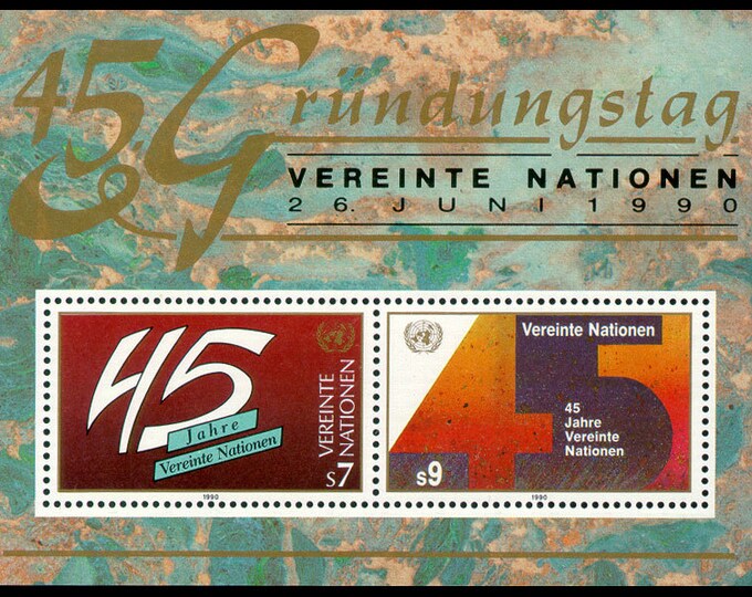 1990 UN 45th Anniversary United Nations Vienna Souvenir Sheet of Two Postage Stamps Mint Never Hinged