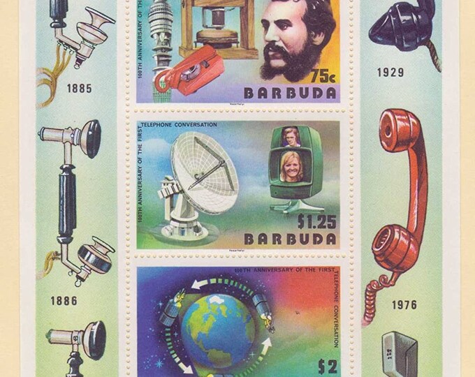 1977 Centennial of First Telephone Conversation Barbuda Souvenir Sheet of Three Postage Stamps Mint Never Hinged