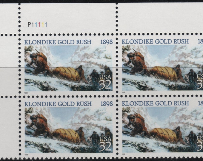 1998 Klondike Gold Rush Centennial Plate Block of Four 32-Cent United States Postage Stamps