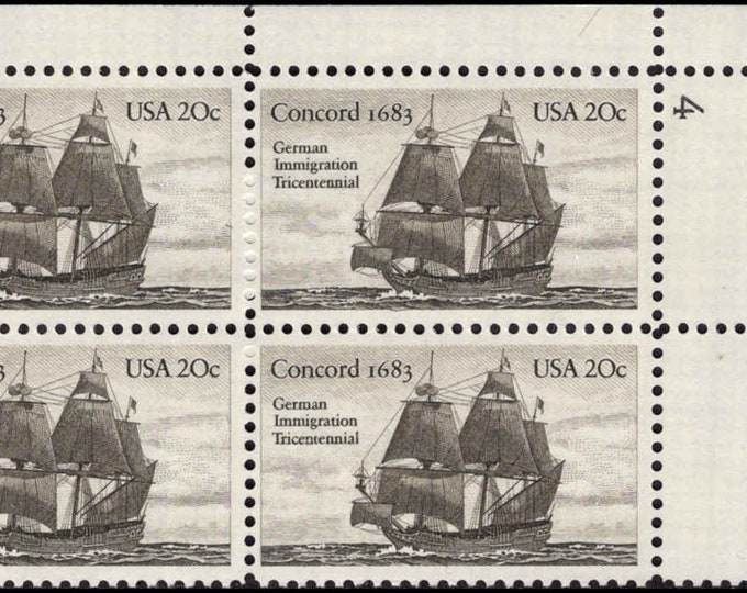 1983 German Immigration Plate Block of Four 20-Cent United States Postage Stamps