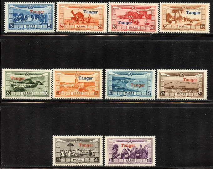 French Morocco Set of Ten Air Mail Postage Stamps Tanger Overprint Issued 1929