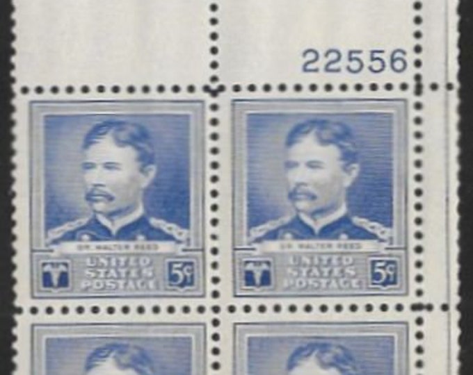 Walter Reed Plate Block of Four 5-Cent United States Postage Stamps Issued 1940