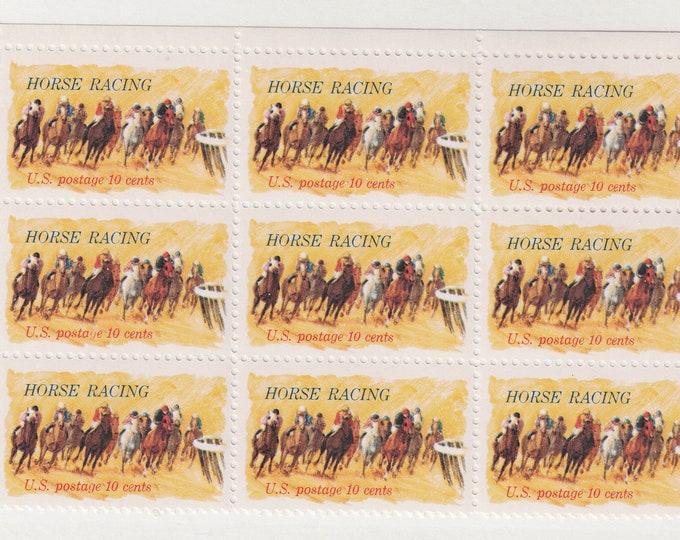 1974 Horse Racing Block of Nine 10-Cent US Postage Stamps Mint Never Hinged