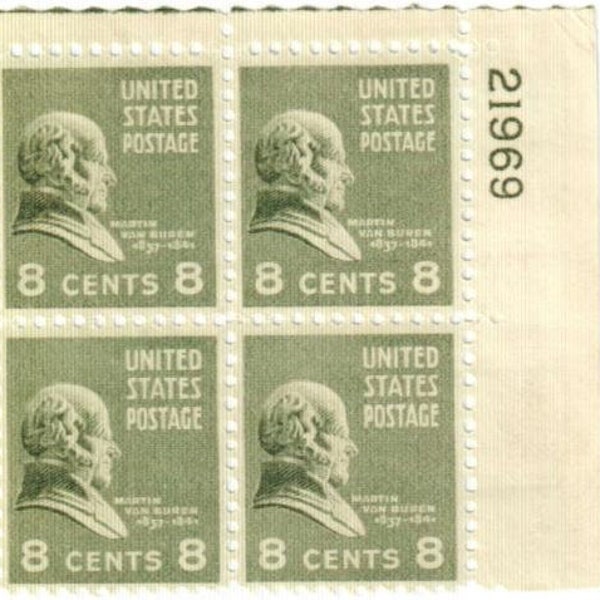 1938 Martin Van Buren Plate Block of Four US 8-Cent Postage Stamps Mint Never Hinged