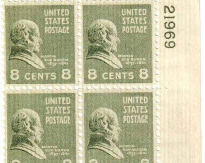 1938 Martin Van Buren Plate Block of Four US 8-Cent Postage Stamps Mint Never Hinged