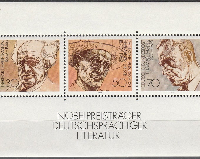 Nobel Prize for Literature Germany Souvenir Sheet of Three Postage Stamps Issued 1978