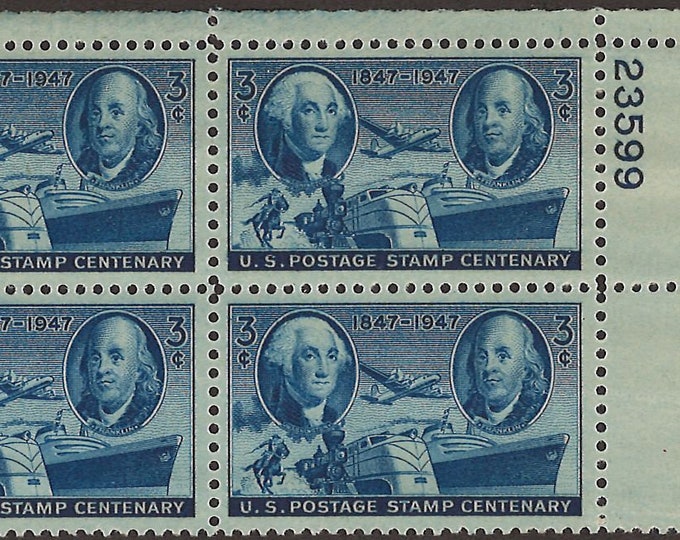 United States Postage Stamp Centenary Plate Block of Four 3-Cent Stamps Issued 1947