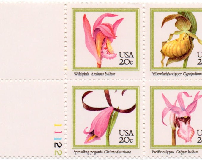 Orchids Plate Block of Four 20-Cent United States Postage Stamps Issued 1984