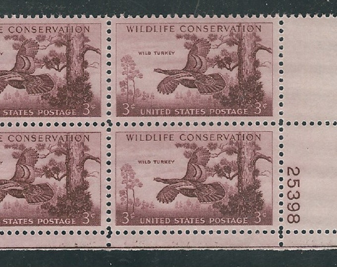 Wild Turkey Plate Block of Four 3-Cent United States Postage Stamps Issued 1956