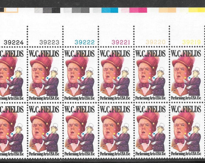 W C Fields Plate Block of Twelve 15-Cent United States Postage Stamps Issued 1980