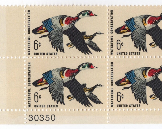 Waterfowl Conservation Plate Block of Four 6-Cent United States Postage Stamps Issued 1968