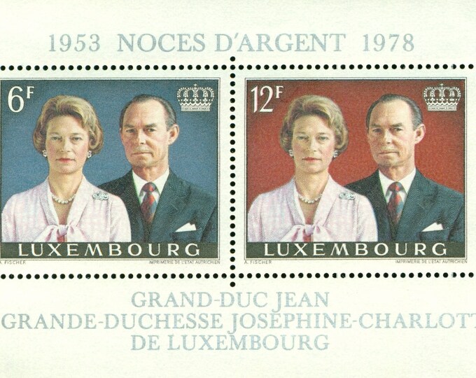 1978 Royal Silver Wedding Anniversary Luxembourg Souvenir Sheet of Two Postage Stamps Mint Never Hinged