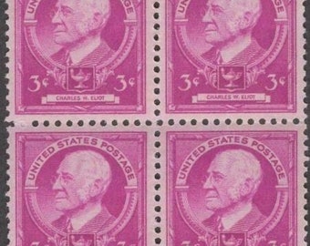 Charles W Eliot Block of Four 3-Cent United States Postage Stamps Issued 1940