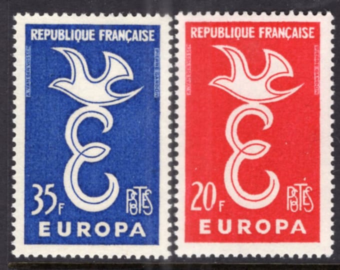 1958 Europa Dove over Letter 'E' Set of 2 France Postage Stamps Mint Never Hinged