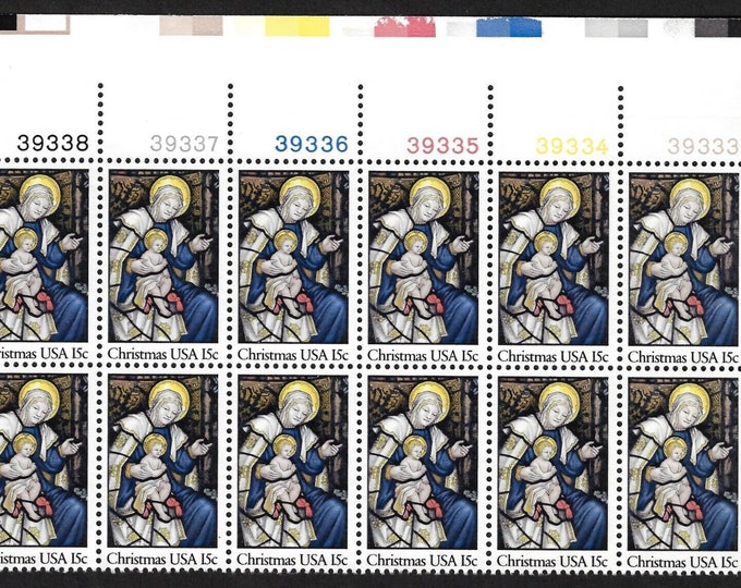 1980 Epiphany Stained Glass Window Plate Block of Twelve 15-Cent US Christmas Postage Stamps
