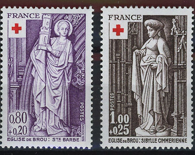 1976 Red Cross Saint Barbara and Cimmerian Sibyl Sculptures from Brou Cathedral Set of 2 France Semi-Postal Postage Stamps Mint Never Hinged