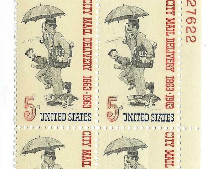 City Mail Delivery Plate Block of Four 5-Cent United States Postage Stamps Issued 1963