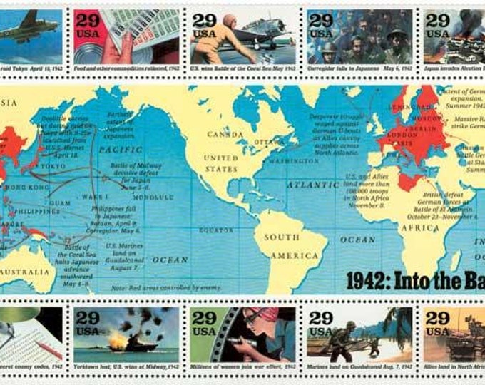 Into the Battle World War II Souvenir Sheet of Ten 29-Cent United States Postage Stamps Issued 1992