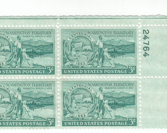 Washington Territory Plate Block of Four 3-Cent US Postage Stamps Issued 1953