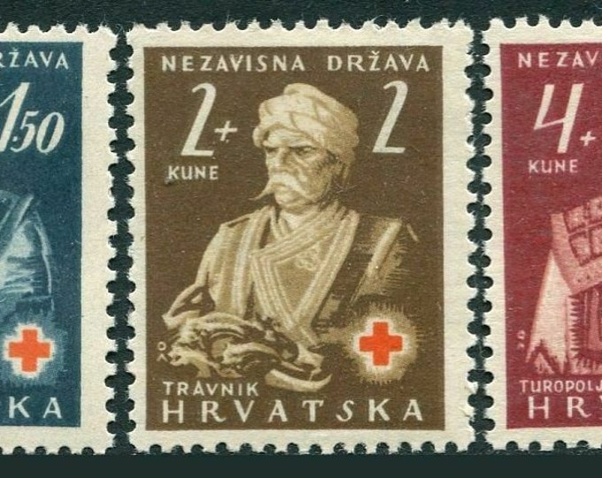 1941 Croat Folk Costumes Red Cross Set of 3 Croatia Postage Stamps Mint Never Hinged