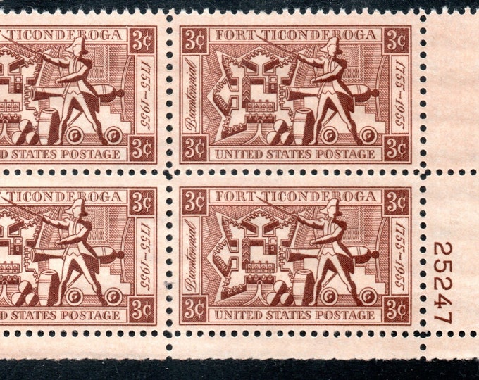 Fort Ticonderoga Plate Block of Four 3-Cent United States Postage Stamps Issued 1955