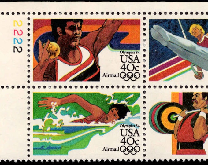 Summer Olympics Plate Block of Four 40-Cent United States Air Mail Postage Stamps Issued 1983