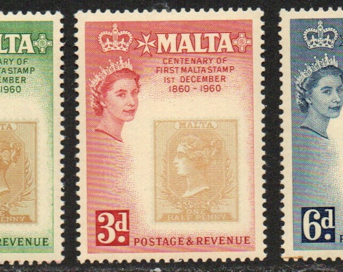 1960 Centenary of Malta's first Postage Stamp Queen Elizabeth II Set of Three Stamps