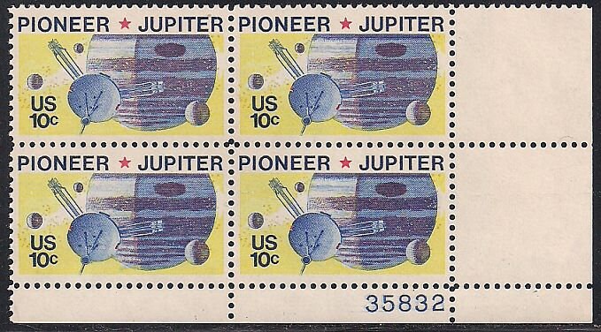 Pioneer 10 and Jupiter Plate Block of Four 10-Cent United States