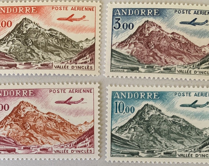 Jet Airplane Over the Valley of Inclès Set of Four French Andorra Air Mail Postage Stamps Issued 1961-1964