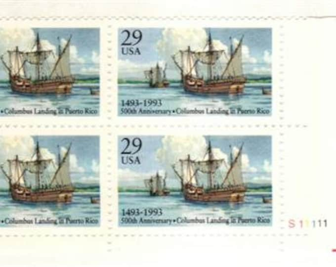 1993 Columbus Landing in Puerto Rico Plate Block of Four 29-Cent US Postage Stamps