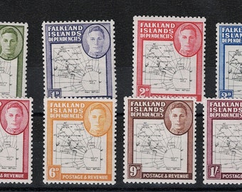 Falkland Islands Map Set of Eight Postage Stamps Issued 1948