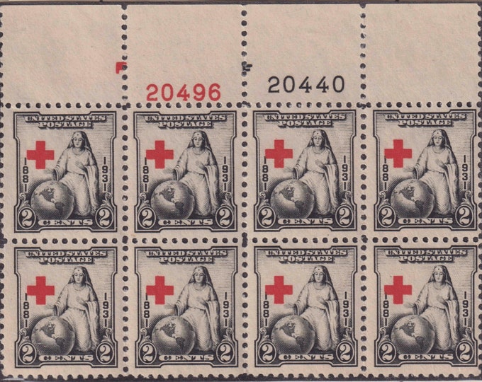 American Red Cross Plate Block of Eight 2-Cent United States Postage Stamps Issued 1931