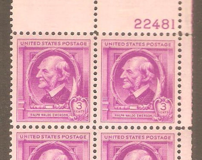 Ralph Waldo Emerson Plate Block of Four 3-Cent United States Postage Stamps Issued 1940