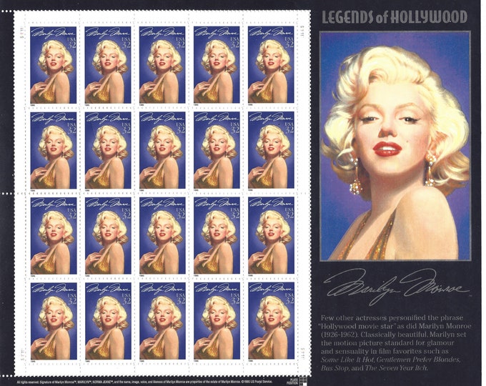 Marilyn Monroe Sheet of Twenty 32-Cent US Postage Stamps Issued 1995