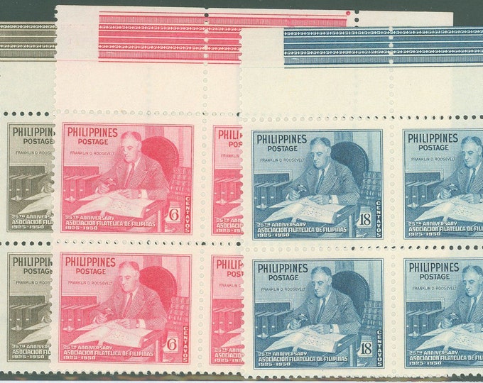 Franklin D Roosevelt Stamp Collection Set of Three Philippines Blocks of Four Postage Stamps Issued 1950
