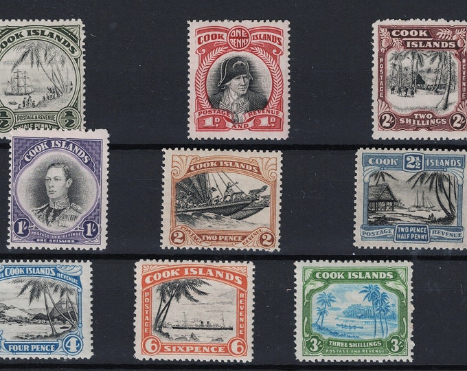 King George VI and Local Scenes Set of Nine Cook Islands Postage Stamps Issued 1944