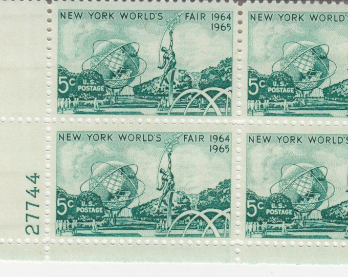 New York Worlds Fair Plate Block of Four 5-Cent US Postage Stamps Issued 1964