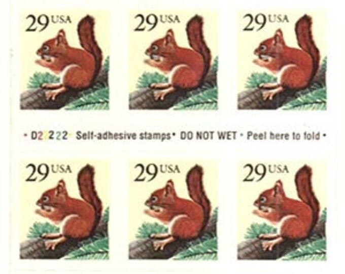 1993 Red Squirrel Booklet Pane of Eighteen 29-Cent US Postage Stamps