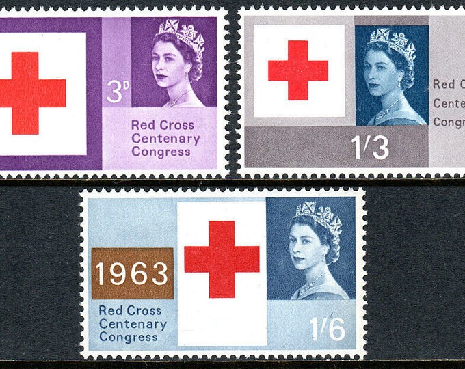 Red Cross Queen Elizabeth II Set of Three Great Britain Postage Stamps Issued 1963