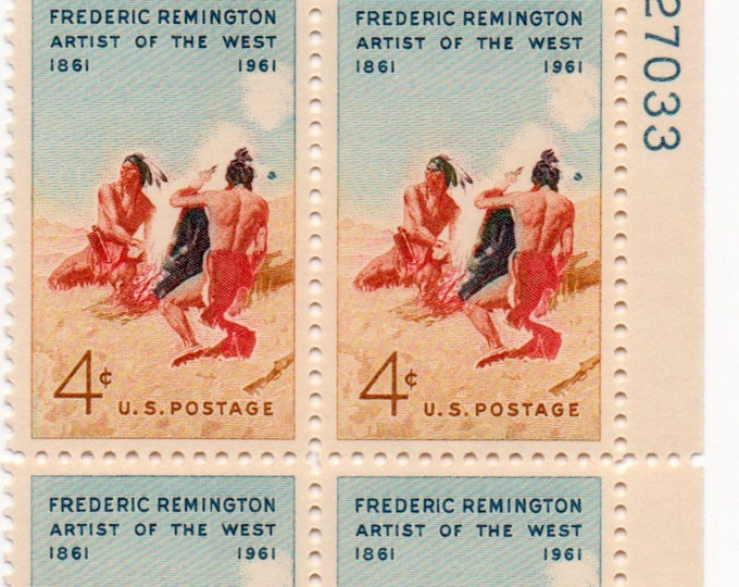 Frederic Remington Plate Block of Four 4-Cent United States Postage Stamps Issued 1961