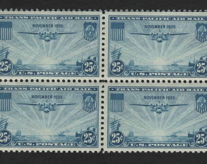 1935 China Clipper Trans-Pacific Issue Block of Four 25-Cent US Air Mail Postage Stamps Mint Never Hinged