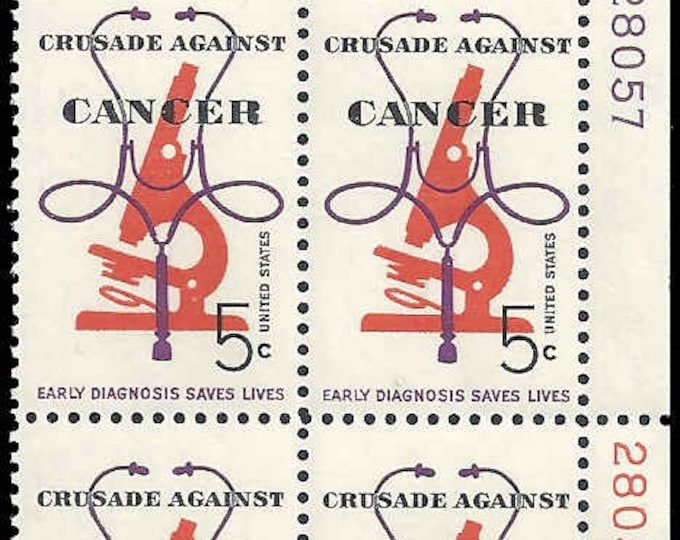 Crusade Against Cancer Plate Block of Four 5-Cent United States Postage Stamps Issued 1965