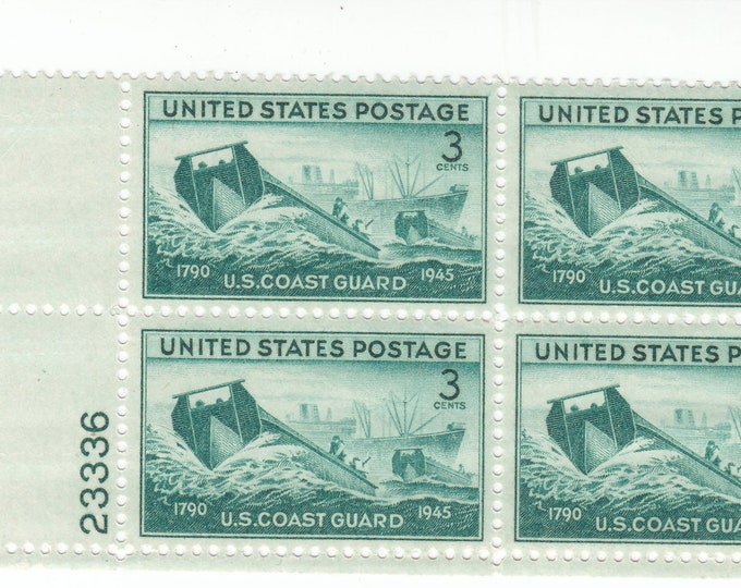 Coast Guard Plate Block of Four 3-Cent United States Postage Stamps Issued 1945