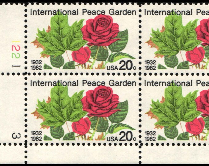 International Peace Garden Plate Block of Four 20-Cent United States Postage Stamps