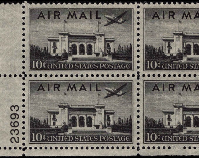 1947 Pan-American Building Plate Block of Four 10-Cent United States Air Mail Postage Stamps