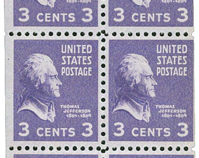 Thomas Jefferson Booklet Pane of Six 3-Cent United States Postage Stamps Issued 1938