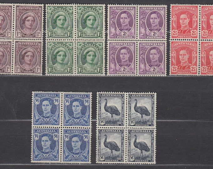 British Royalty And Emu Six Blocks of Four Australia Postage Stamps Issued 1942-44