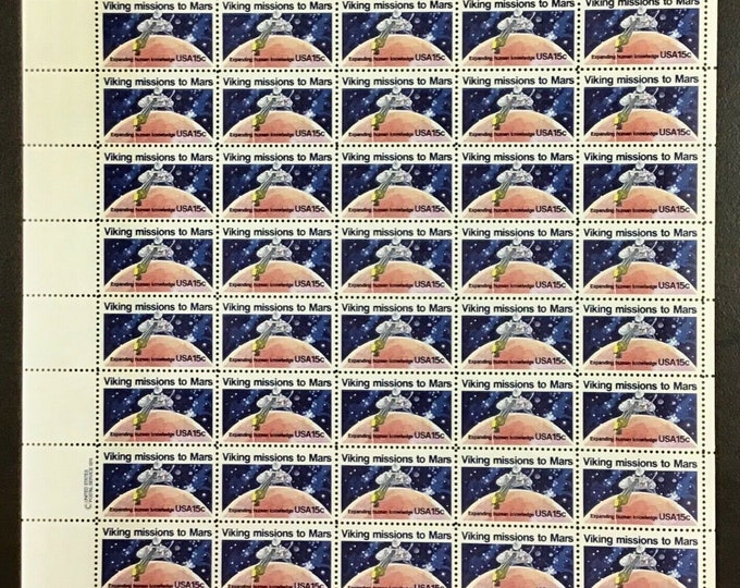 Viking Missions to Mars Sheet of Fifty 15-Cent United States Postage Stamps Issued 1978
