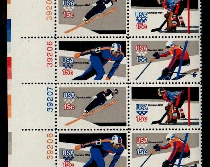 Winter Olympics Plate Block of Twelve 15-Cent United States Postage Stamps Issued 1980