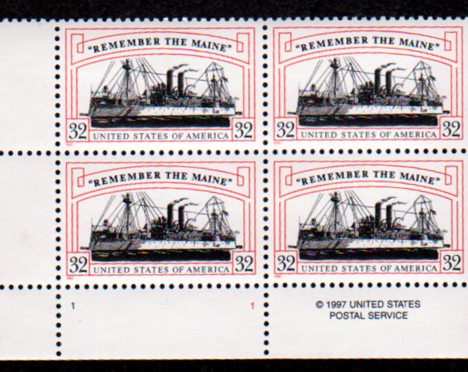 1998 Battleship “Maine” Spanish-American Wars Plate Block of Four 32-Cent United States Postage Stamps